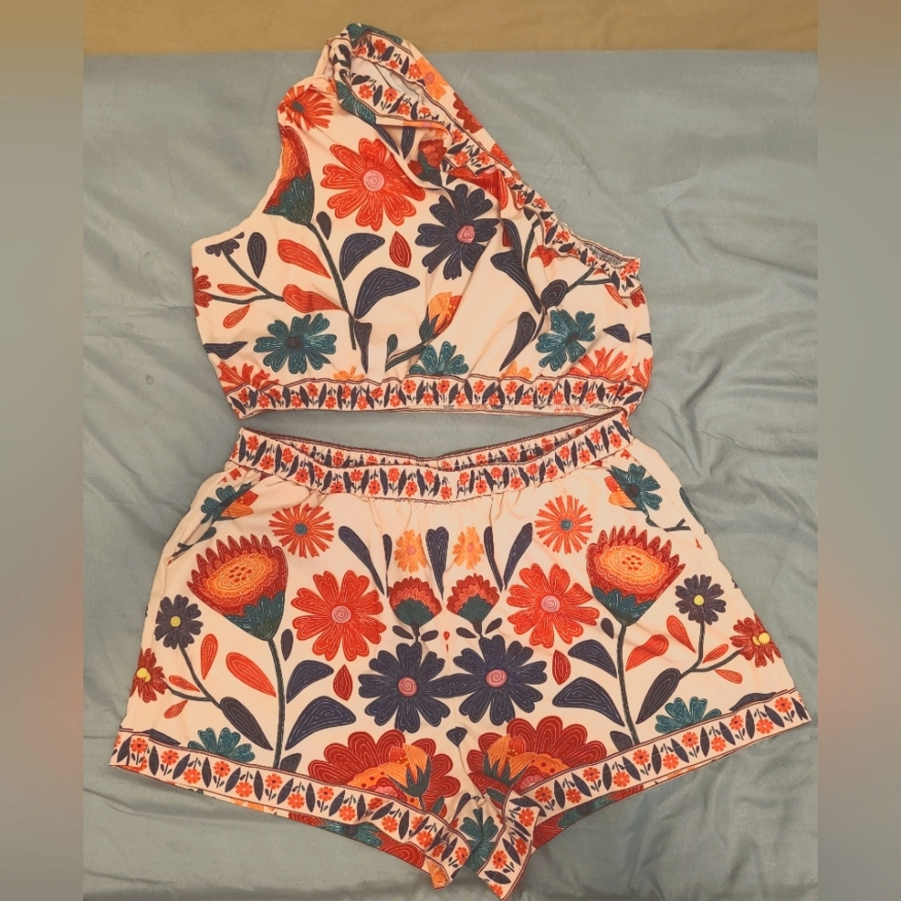 Floral One-Shoulder Crop Top and Shorts Set